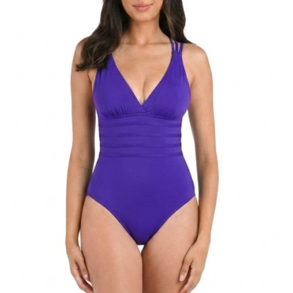 LA BLANCA Island Goddess Multi-Strap Cross-Back One Piece Purple Womens Size 14